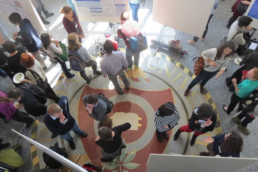 Overhead shot of students in an atrium